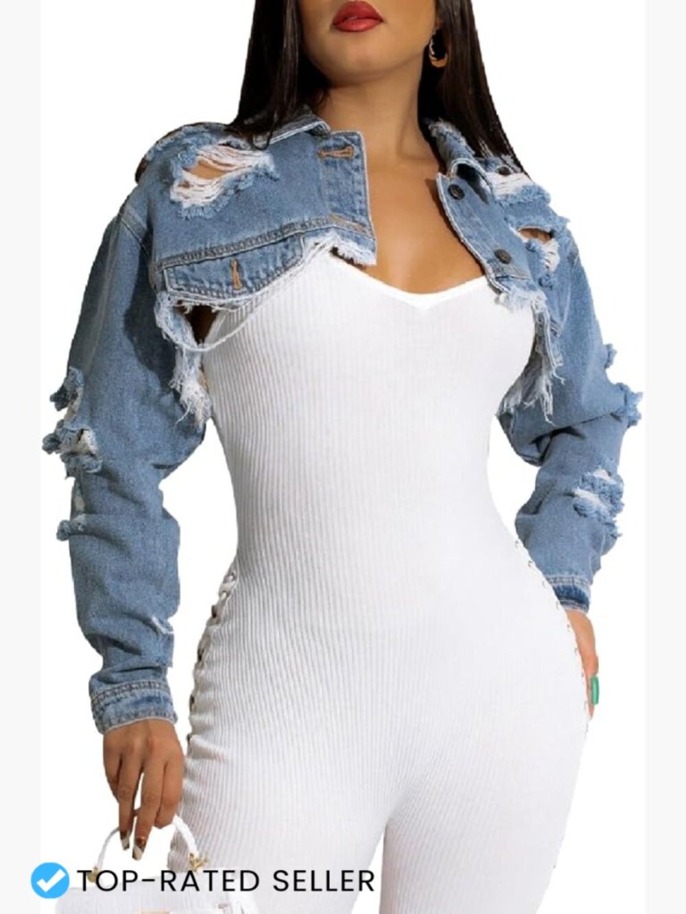 Cropped Ripped Denim Jacket Women Long Sleeve Jean Coat Retro Y2K Vintage